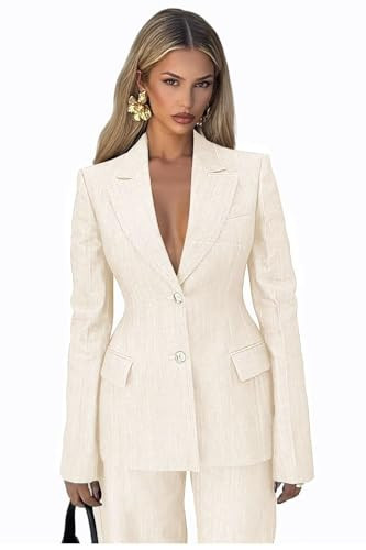 LEWIJO Cream Suit for Women Formal 2 Button Denim Womens Suit for Work Regular Fit 2 Piece Womens Suits Dressy Dinner Wedding Tuxedo Size Medium | Amazon (US)