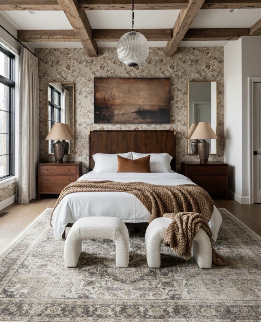 A warm and layered bedroom filled with rich textures and earthy neutrals.
The dark walnut bed frame anchors the space with its deep brown grain, perfectly paired with the rust velvet lumbar pillow that brings a subtle pop of warm color. A chunky caramel knit throw adds depth and softness against crisp white cotton bedding.

Flanking the bed, the walnut nightstands introduce clean lines and storage, topped with textured ceramic table lamps in a deep espresso glaze and natural linen shades for soft, ambient light. The gold framed mirrors reflect the room’s natural light, adding height and a refined touch.

The bouclé curved stools at the foot of the bed, in a creamy ivory tone, balance the darker woods with sculptural softness. Beneath it all, a vintage inspired wool rug in warm taupe, muted olive, beige, and charcoal grounds the palette and ties together the room’s earthy undertones.

Behind the headboard, the botanical wallpaper in shades of taupe, clay, and soft brown florals adds organic patterning and a sense of timeless coziness. Overhead, the ribbed glass pendant brings in a subtle vintage character with warm diffused light.

✨ Shop the look:
• Dark walnut wood bed
• White cotton bedding
• Rust velvet lumbar pillow
• Caramel chunky knit throw
• Walnut nightstands
• Espresso ceramic table lamps with linen shades
• Gold framed wall mirrors
• Ivory bouclé curved stools
• Vintage style taupe + olive area rug
• Neutral botanical wallpaper
• Ribbed glass pendant light @Wayfair 

#LTKSaleAlert #LTKHome