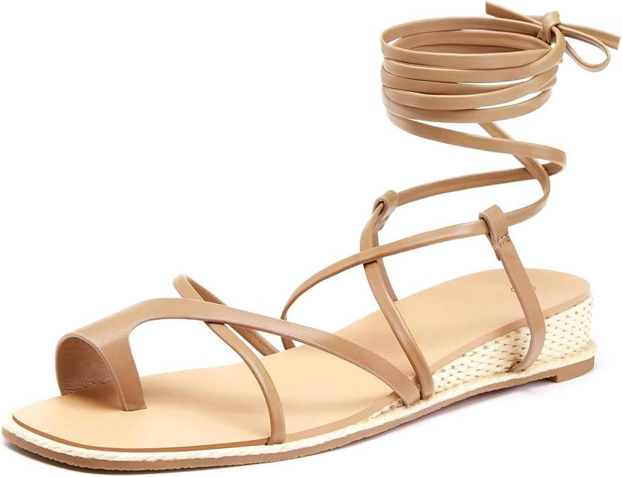 Coutgo Womens Lace Up Gladiator Sandals Strappy Flat Dressy Low Heel Wedges Thong Summer Beach Sh... | Amazon (US)