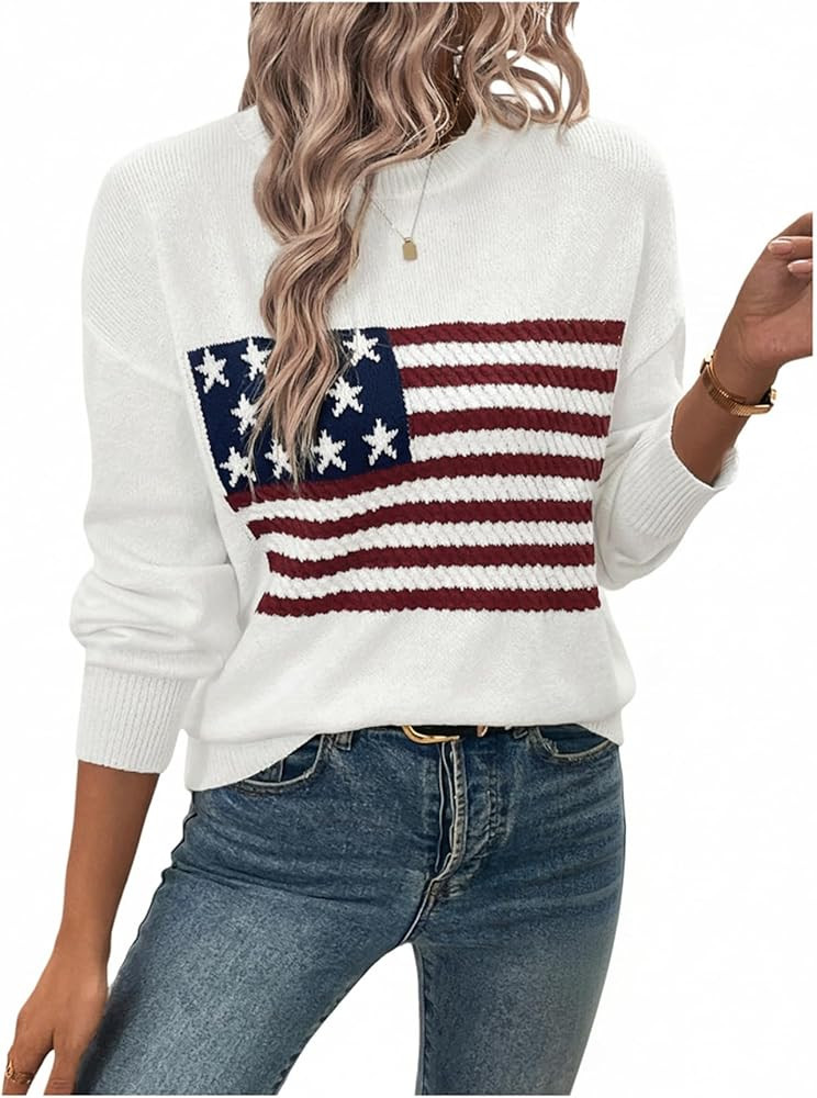 SweatyRocks Women's American Flag Print Long Sleeve Sweater Casual Loose Knit Round Neck Pullover... | Amazon (US)