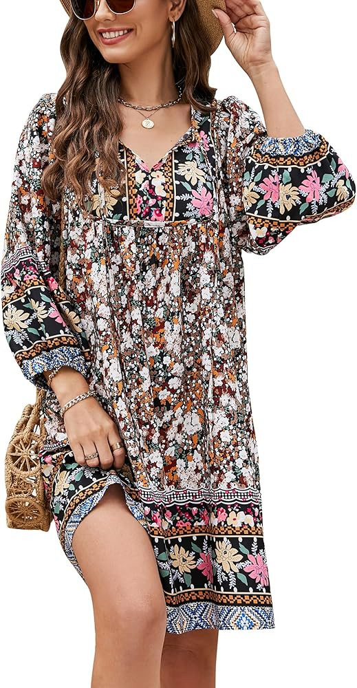 Bluetime Women Casual Summer Dress Boho V Neck 3/4 Sleeve Babydoll Floral Print Flowy Beach Dress | Amazon (US)