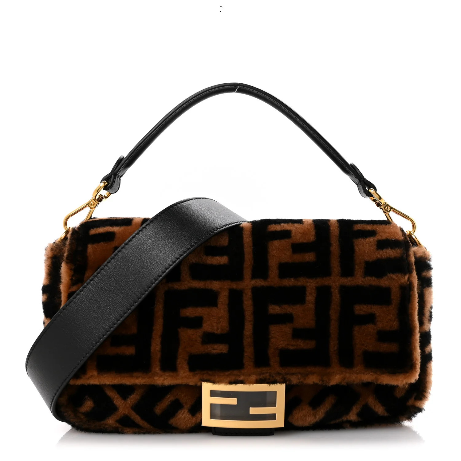 Shearling Vitello Dolce Macro FF 1974 Baguette Tobacco Black | FASHIONPHILE (US)