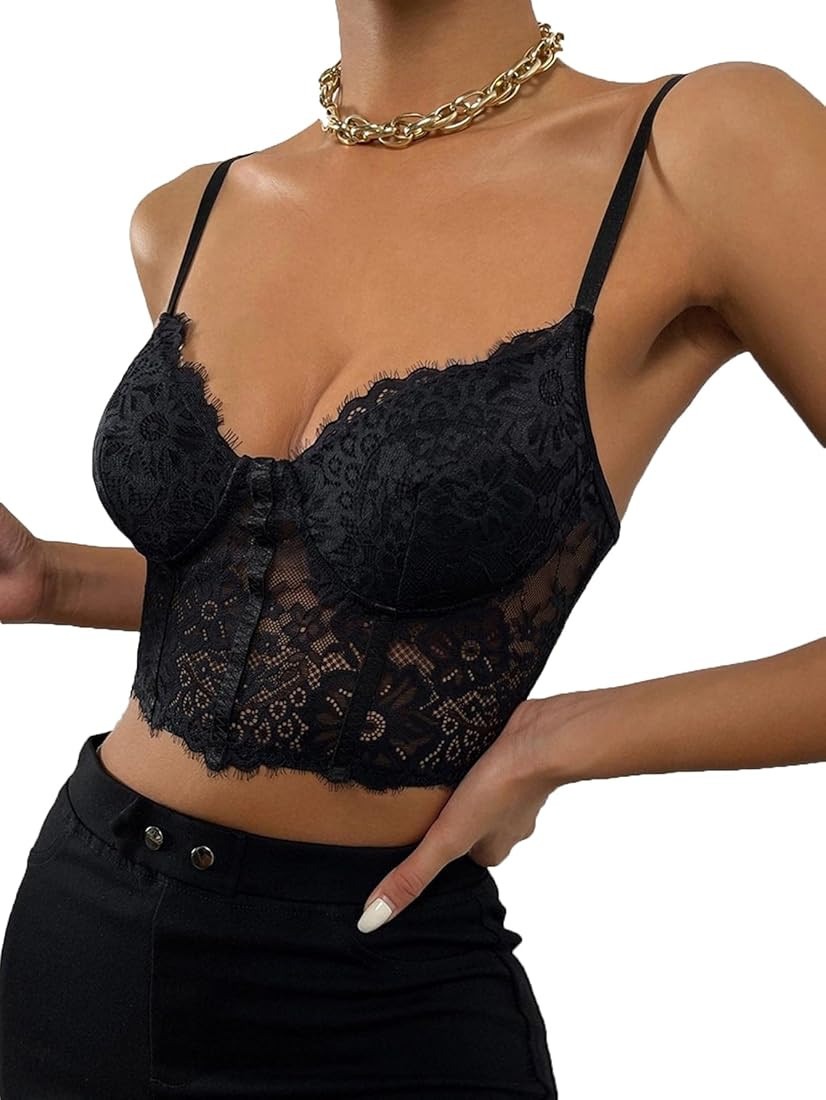 SheIn Women's Lace Casual Camisole Cami Crop Tank Tops Lingerie Bustier Spaghetti Strap Crop Top | Amazon (US)