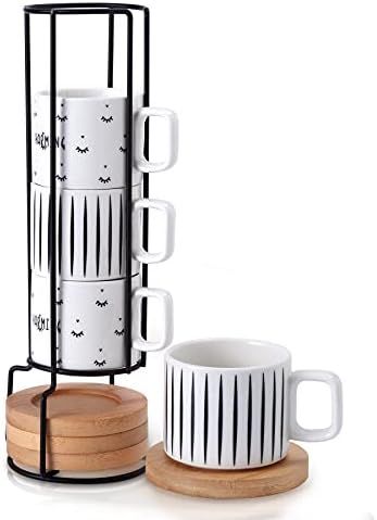 Amazon.com | Porcelain Espresso Cup with Saucer and Metal Stand, SIDUCAL 4 Ounce Stackable Cerami... | Amazon (US)