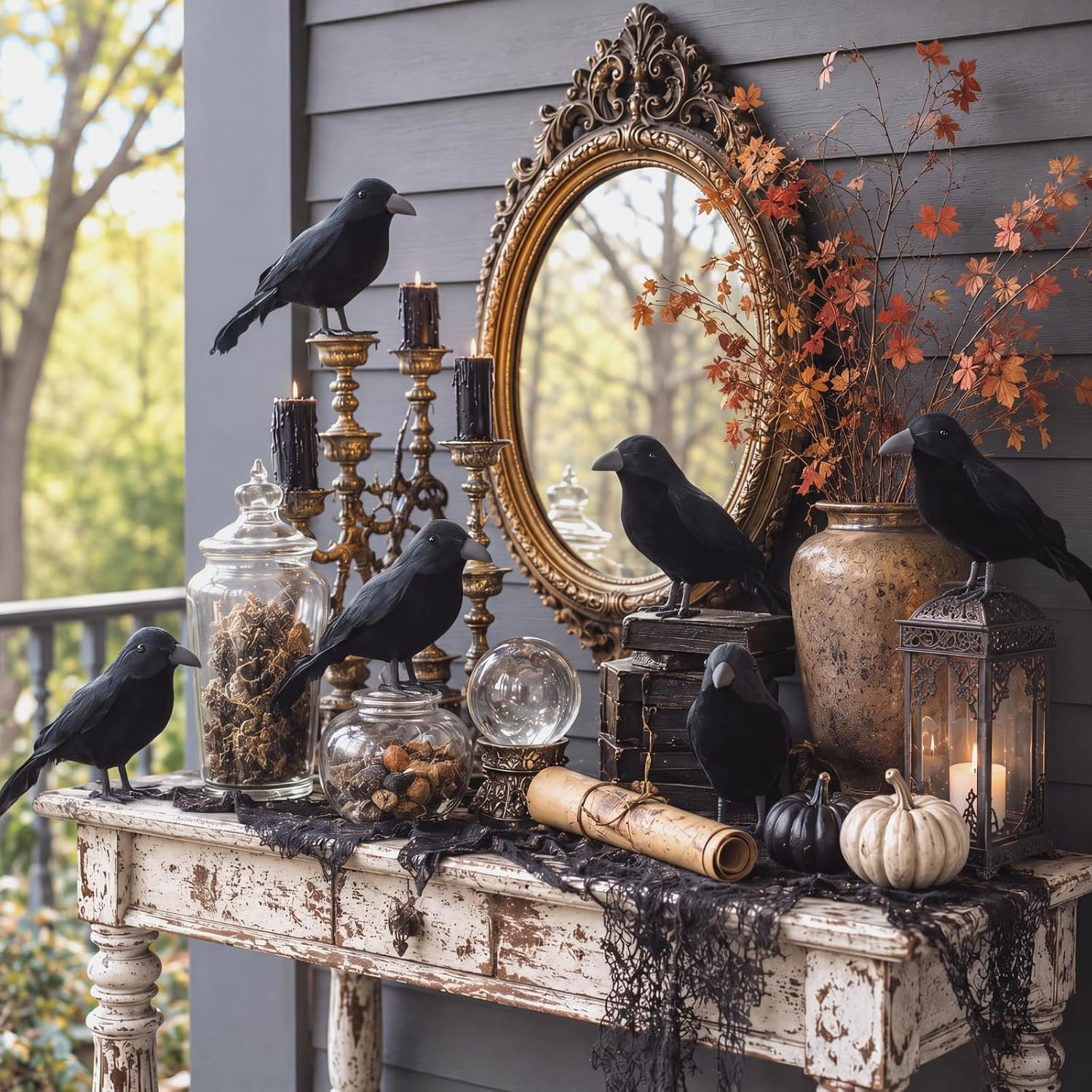 Jetec 8 Pieces Halloween Black Feathered Crows Realistic Halloween Decorations Handmade Stand Crows Black Birds with 20 Pieces 6 Inch Wire Tie for Halloween Party Outdoor Indoor Decor | Amazon (US)