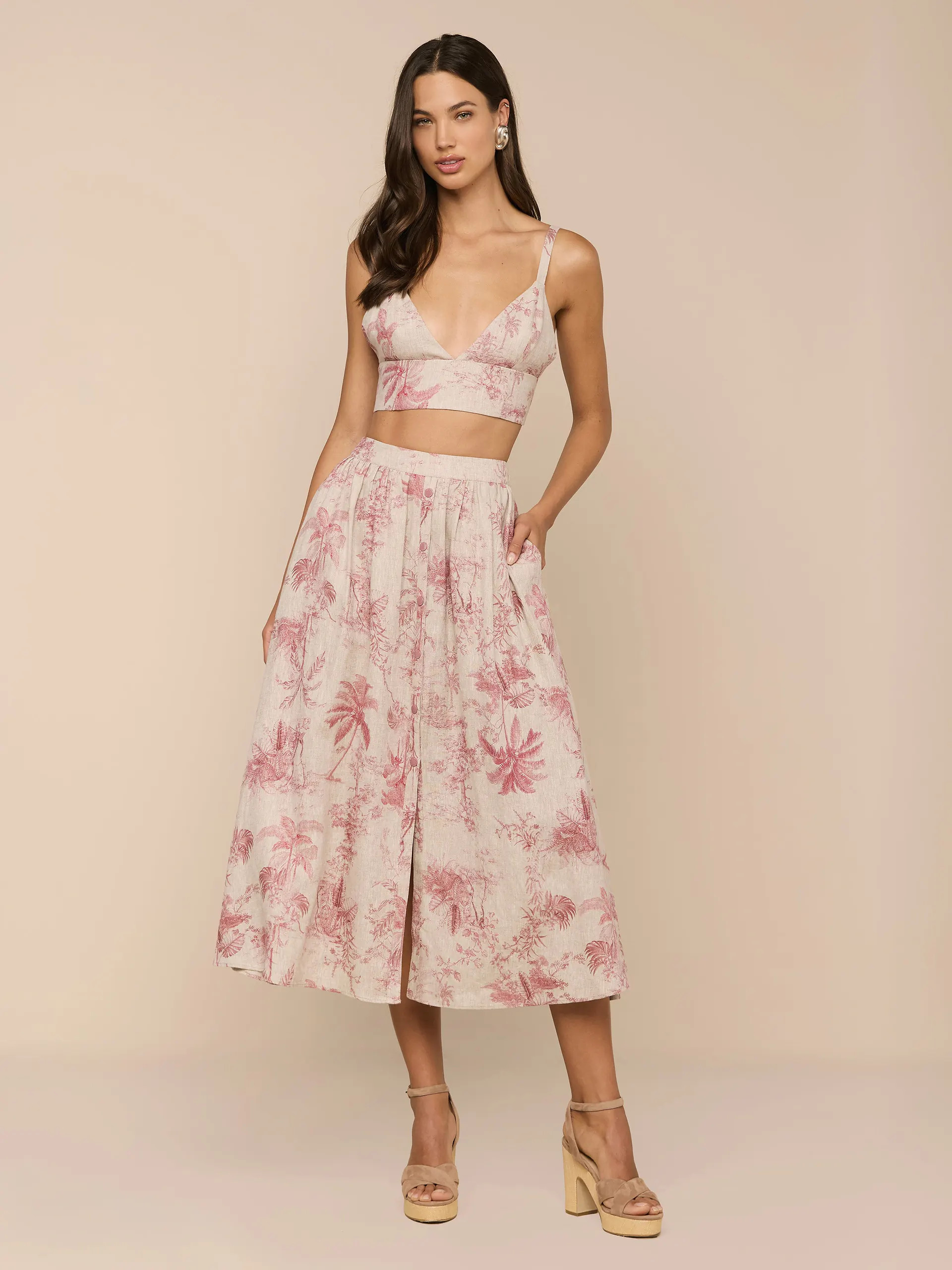 Seina Linen Midi Skirt in Tan Multi Textured Jungle Toile | L'AGENCE | L'Agence