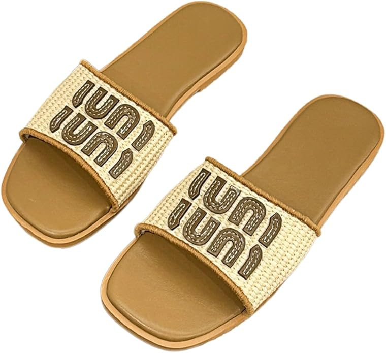 Women's Woven Slide Sandals, Casual Flat Open-Toe Slippers with Decorative Letters, Lightweight S... | Amazon (US)
