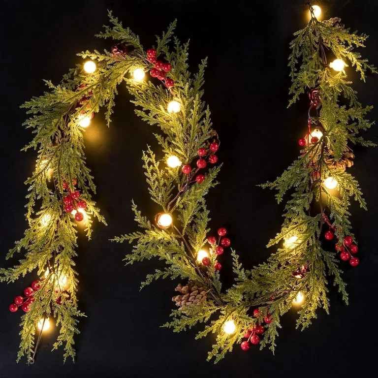 Aship 2 pack Christmas Garland with Lights, 5.7FT Pre-lit 20 LED Red Berry Garland with 8 Modes &... | Walmart (US)