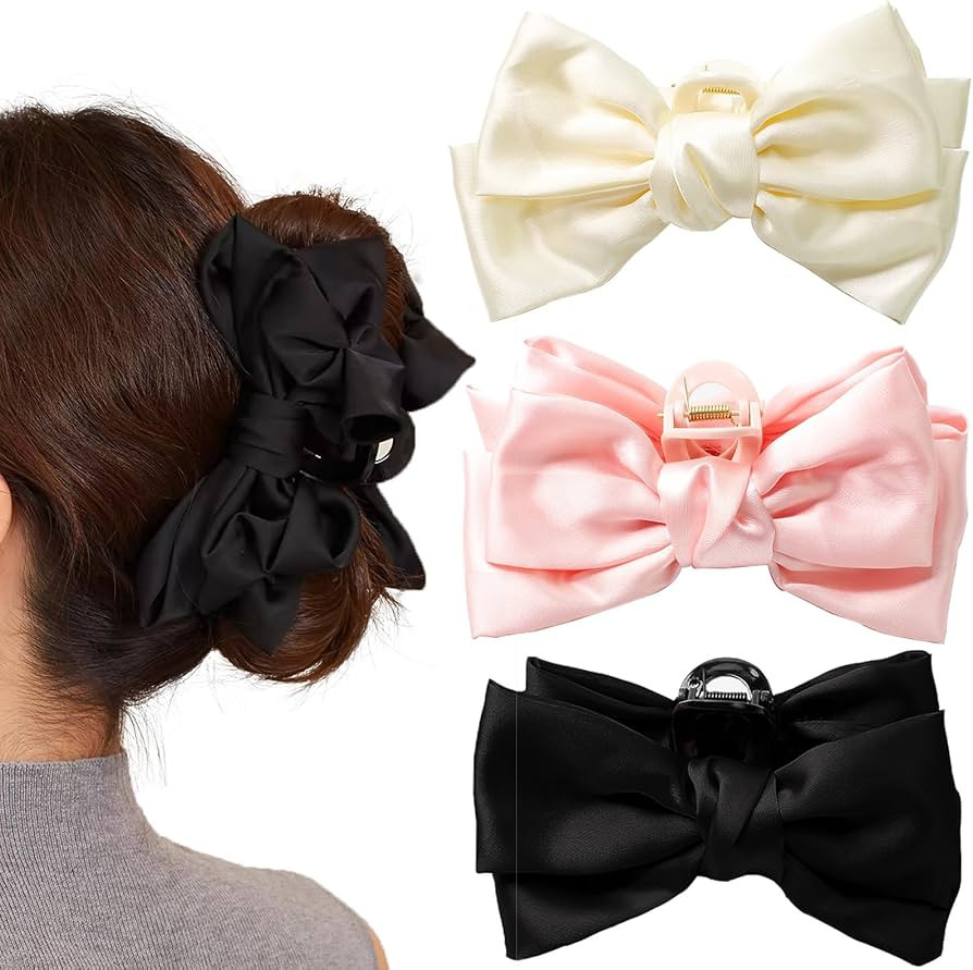 3 PCS Large Bow Hair Claw Clips Satin Bow Claw Clip for Women Girl with Long Thick Hair, 5.9 inch... | Amazon (US)