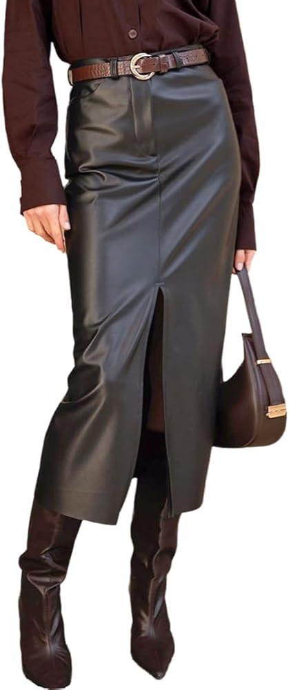 THLAI Womens Faux Leather Pencil Long Skirt High Waist Split Retro Maxi Without Belt Skirt | Amazon (US)