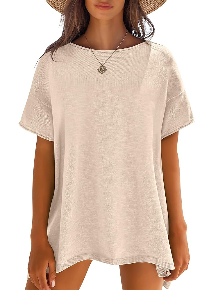 Caracilia Women Summer Lightweight Sweater Top Oversized Short Sleeve Drop Shoulder Seams Outside... | Amazon (US)