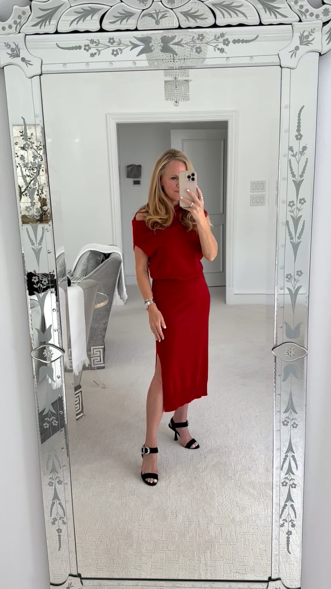 The perfect Christmas red cashmere sweater dress
This dress from brochure Walker can be worn off one shoulder 
It has been the best seller for two years in black and is now available in red! Fits true to size 
