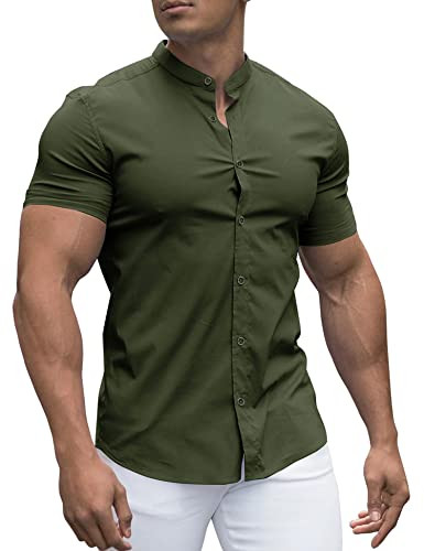 URRU Men's Muscle Dress Shirts Slim Fit Stretch Banded Collar Short Sleeve Casual Button Down Shi... | Amazon (US)