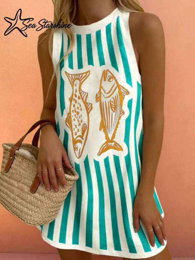 Starfish Shiny Bohemian Style Summer Beach Vacation Comfortable Women's Colorblock Striped Fish P... | SHEIN