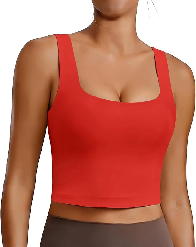 PINSPARK Sports Bra for Women Square Neck Longline Tank Top with Built in Bra | Amazon (US)