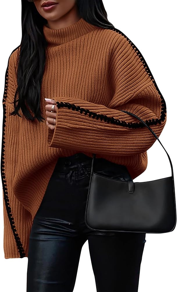 KIRUNDO Women's 2024 Fall Mock Neck Long Sleeve Ribbed Knit Contrast Stitching Oversized Chunky S... | Amazon (US)