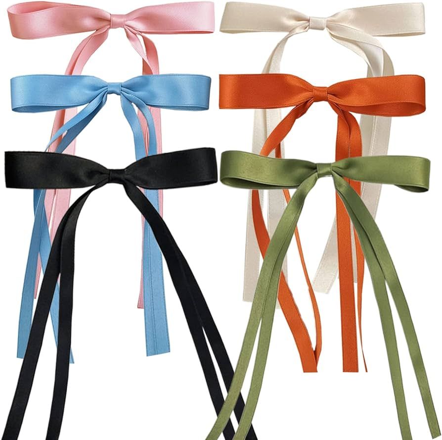 SALOCY Ribbon Hair Bows for Women Girls,6 PCS Tassel Ribbon Bowknot Hair Clips With Long Tail,Big... | Amazon (US)