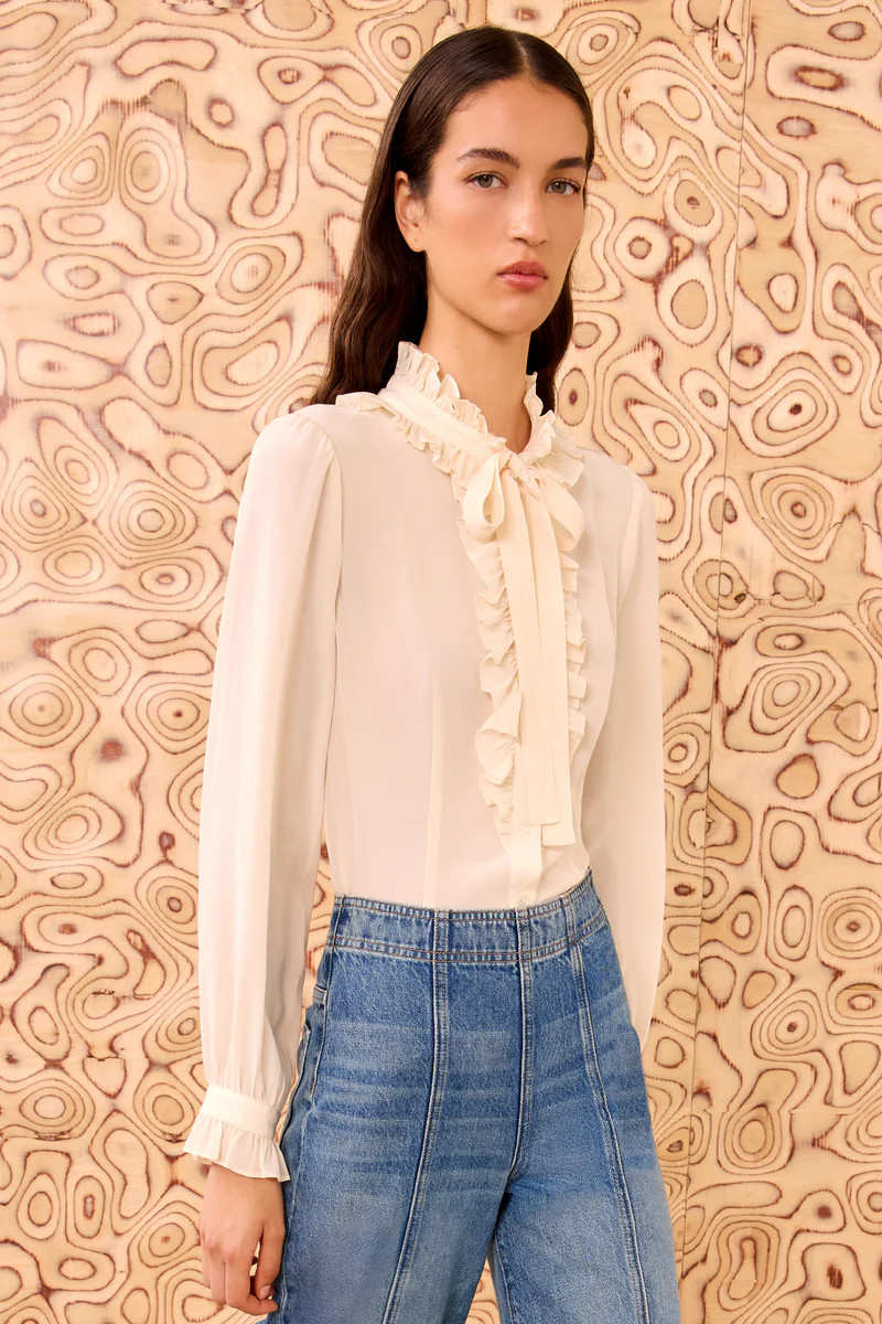 Catroux Silk Long Sleeve Button Front Blouse - Pearl | Ulla Johnson