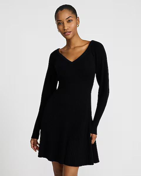 Airy Soft V-Neck Long Sleeve Mini Sweater Dress | Express