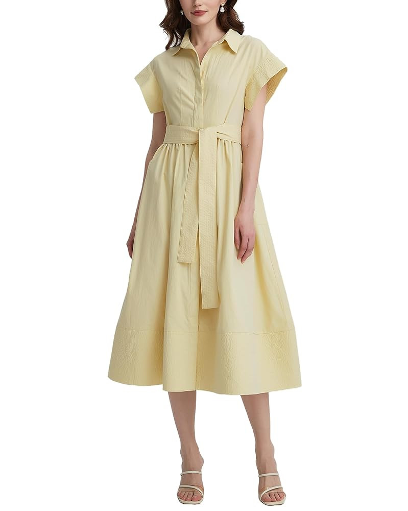 Women's Belted Shirt Midi Dress Casual Short Wing Sleeve Button Down Lapel V Neck Dress | Amazon (US)