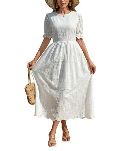Midi Dress for Women Elegant Dresses Floral Eyelet Puff Sleeve Dress with Cinched Waist Casual Summer Party Dress White | Amazon (US)