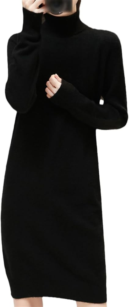 Lady Medium Length Slim Simple Versatile Wool Knitted Dress Women's High Neck Knitted Dress | Amazon (US)