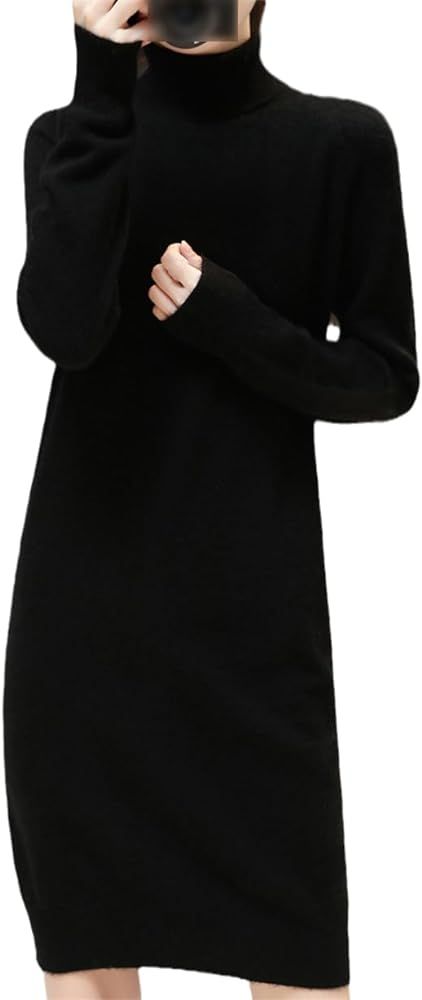 Lady Medium Length Slim Simple Versatile Wool Knitted Dress Women's High Neck Knitted Dress | Amazon (US)