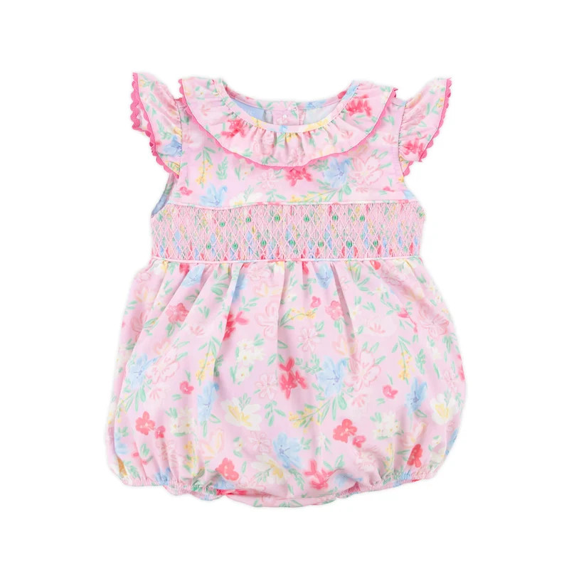 Evergrace Floral Pink Smocked Collared Bubble | Classic Whimsy