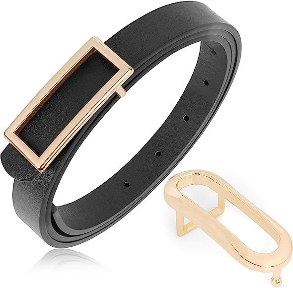 Women Skinny Leather Thin Belt with Gold Buckle Fashion Soft Ladies Waist Belts for Dress Jeans P... | Amazon (US)
