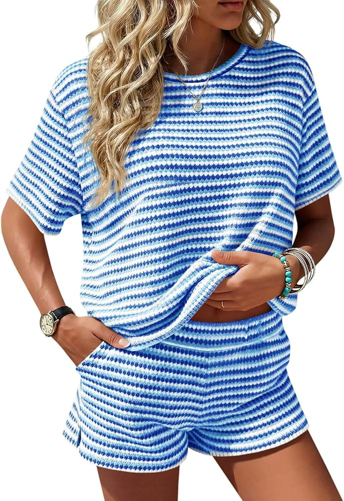 Fisoew Womens Striped 2 Piece Short Sets Casual Short Sleeve Outfits Shirts Tops Knit Workout Mat... | Amazon (US)