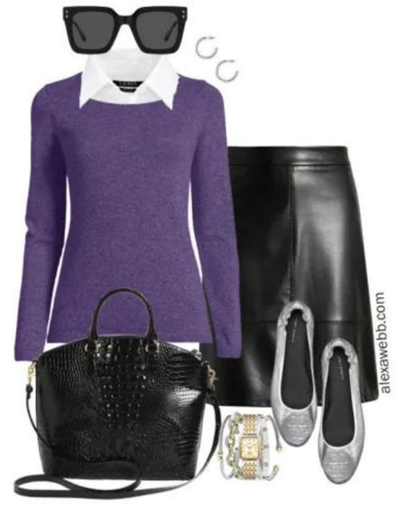 Plus Size Fall Work Capsule 2023 Outfit Idea with a purple sweater, white button down, faux leather skirt and silver ballet flats by Alexa Webb #plussize

#LTKworkwear #LTKplussize #LTKover40
