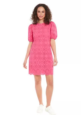 London Times Women's Puff Sleeve Cotton Eyelet Shift Dress | Belk