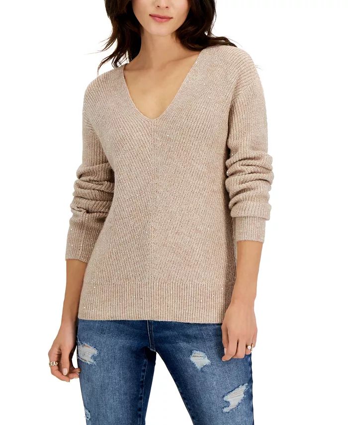 Women's Sequined V-Neck Sweater, Created for Macy's | Macys (US)