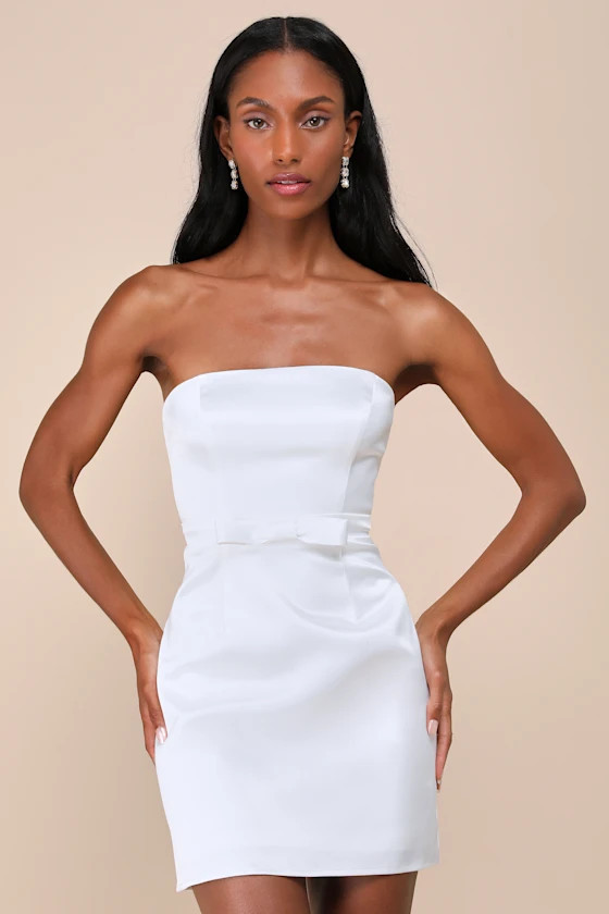 Adorable Chicness White Satin Strapless Bow Mini Dress | Lulus