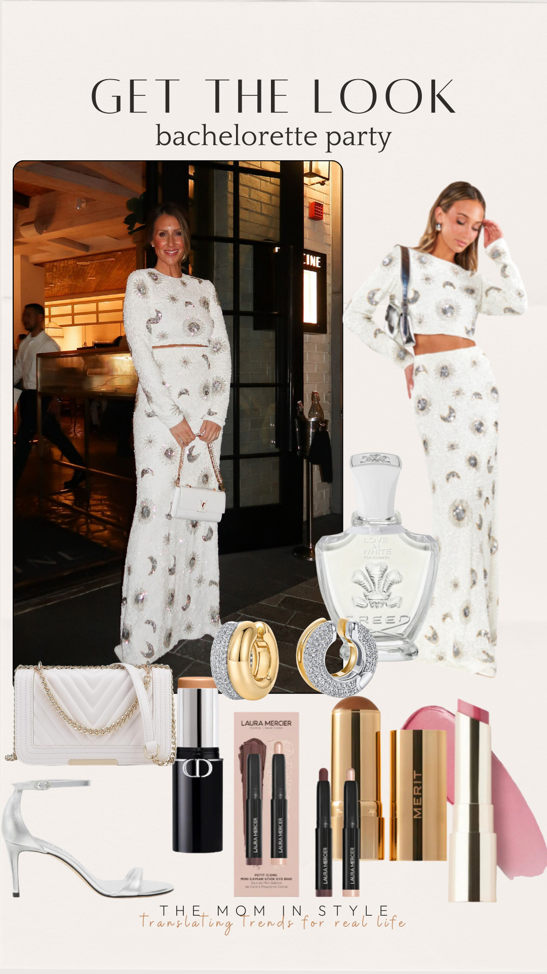 bachelorette outfit, party outfit, bridal glam, white set, glam makeup, luxury perfume, chic accessories, sparkly earrings, silver heels, designer bag look for less 

 #LTKFindsUnder50 #LTKFindsUnder100
