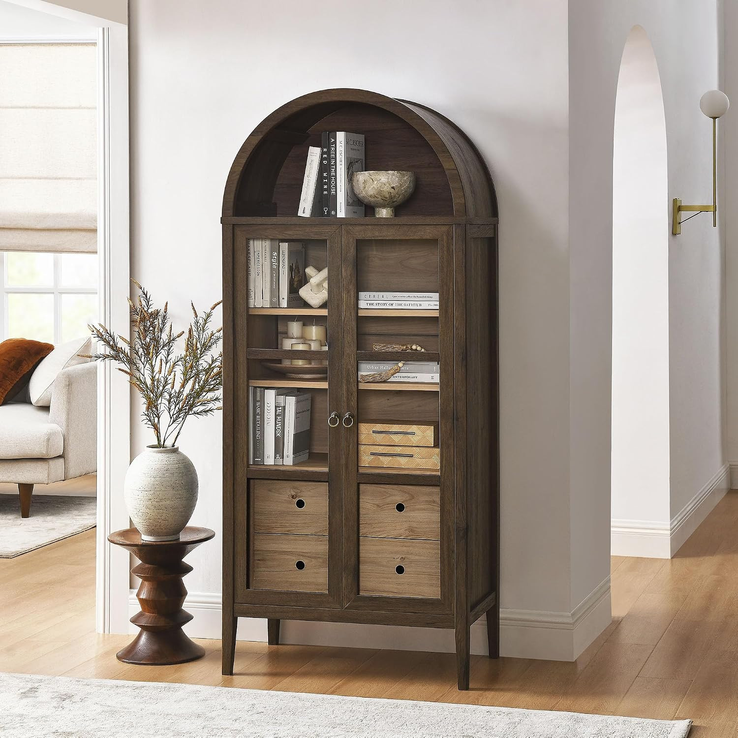 Modway Nolan Modern Farmhouse 71 Inch Tall Arched Storage Display Cabinet in Walnut Hickory Wood Grain - 4-Tier Bookcase with Glass Doors and Shelves - Arch Accent Cabinet for Living Room | Amazon (US)