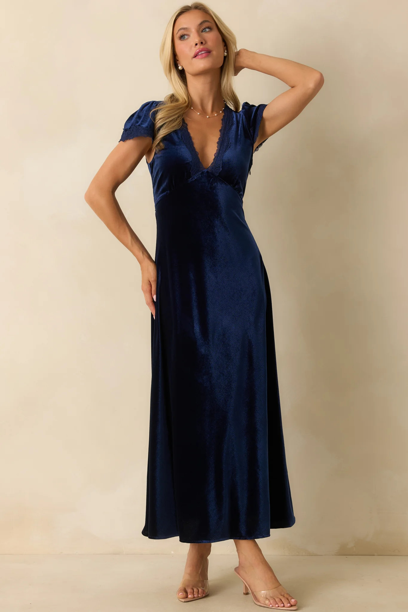 Made For The Moment Navy V-Neck Velvet Maxi Dress | Red Dress