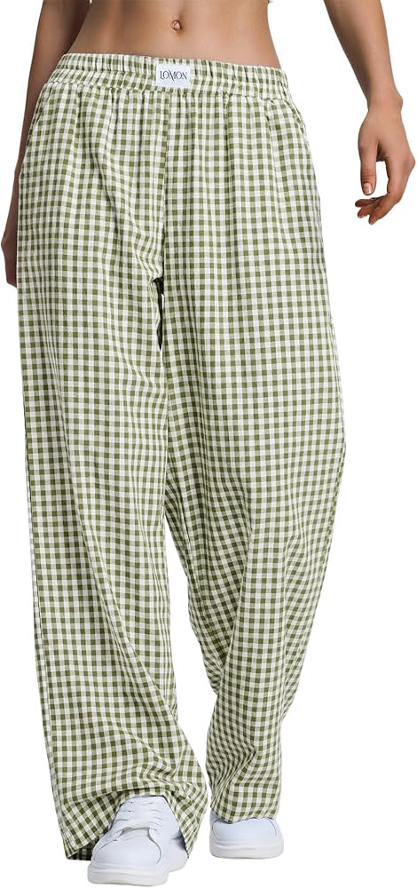 LOMON Women's Boxers Gingham Plaid Wide Leg Pants Cotton Pajama Lounge Pj Casual Trousers Y2K Bea... | Amazon (US)