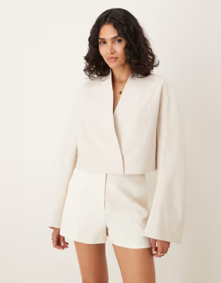 ASOS DESIGN boxy molded sleeves blazer in stone herringbone | ASOS (Global)