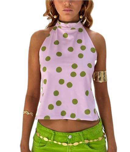 UAURORAO Women Backless Halter Polka Dot Top Mock Neck Boho Tank Tops Open Back Aesthetic Y2k Going Out Club Party Top(Dots Pink,Small) | Amazon (US)