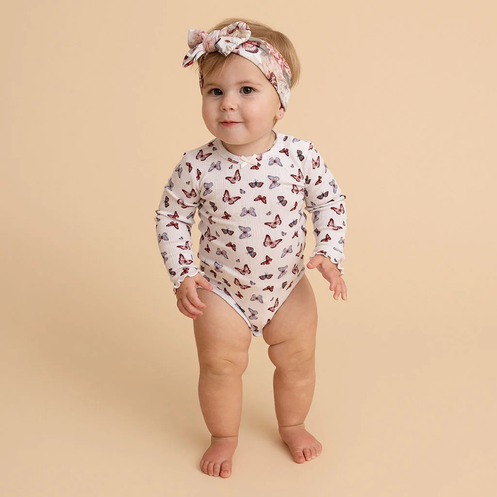 Butterfly White Long Sleeve Joan Pointelle Lettuce Edge Bodysuit | Posh Peanut\u00ae | Posh Peanut