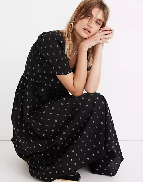 Dobby Puff-Sleeve V-Neck Midi Dress | Madewell