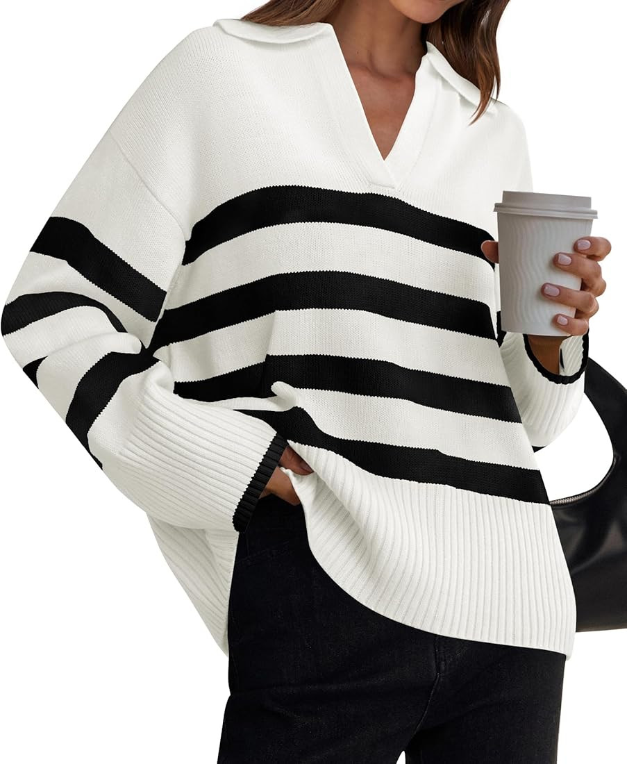 ZESICA Women's Winter Sweaters Lapel V Neck Long Sleeve Striped Chunky Knit Oversized Pullover Sw... | Amazon (US)