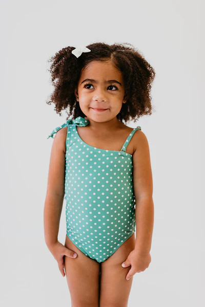 GIRLS ONE SHOULDER BOW ONE PIECE IN CIAO! POLKA DOTS BY PINK DESERT | Pink Desert
