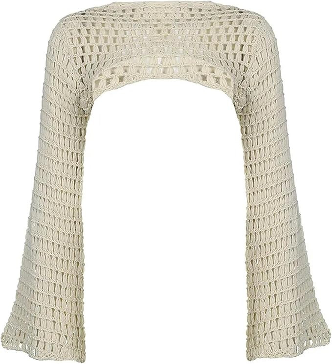 Women Y2k Crochet Knit Hollow Out Crop Top Long Flared Sleeve Shrug Sweater Mesh Cover Ups Cardig... | Amazon (UK)