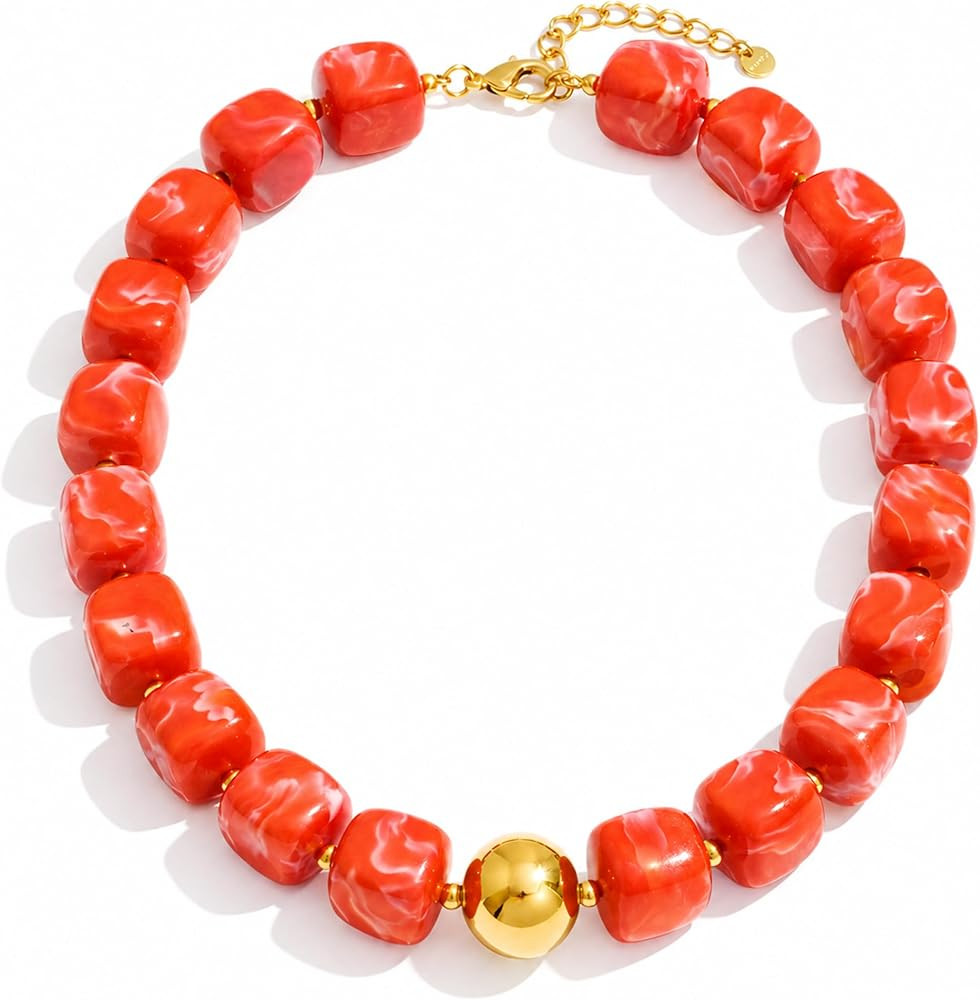 Mchic Colorful Beaded Choker Necklace for Women: Boho Large Square Acrylic Beaded Necklace Stainl... | Amazon (US)