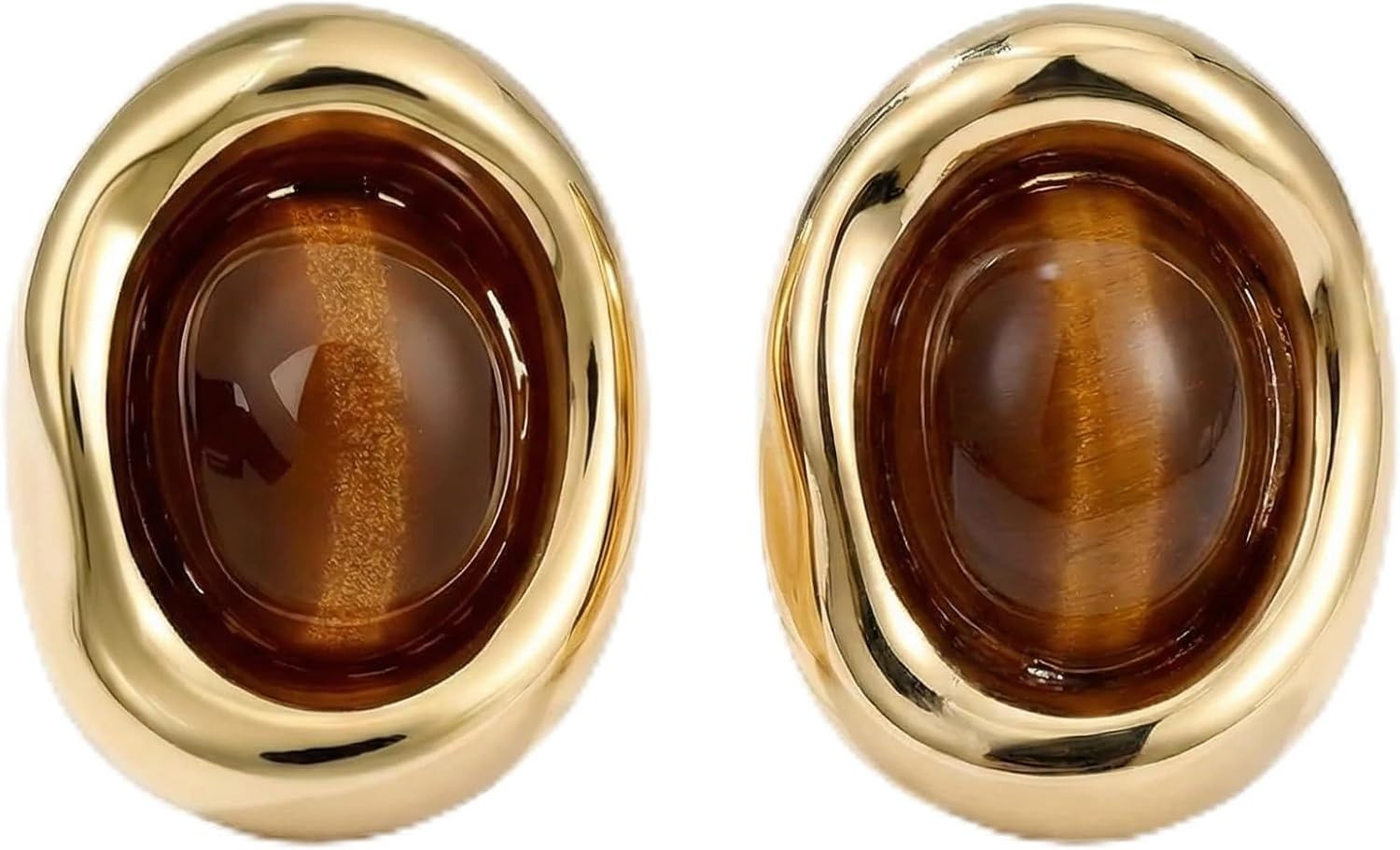 Gold Plated Tiger Eye Stud Earrings for Women, Vintage Brown Oval Gemstone Earrings with Irregular Circular Bezel Frame, Tiger's Eye Stone Jewelry | Amazon (US)