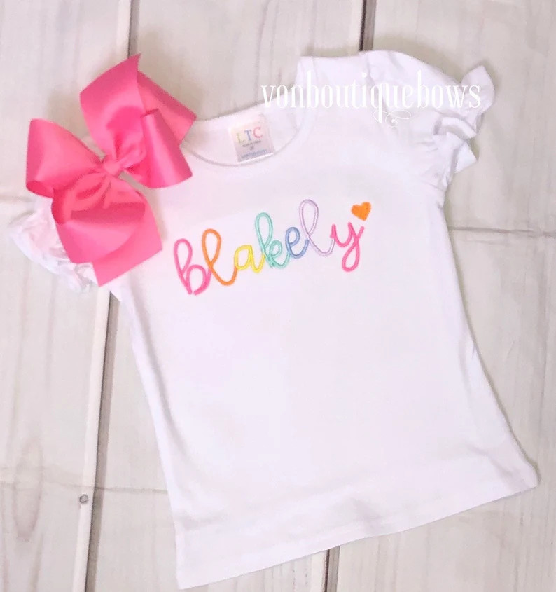 Girls personalized shirt, girls name shirt, girls bow name top Rainbow Outfit Boutique shirt long... | Etsy (US)