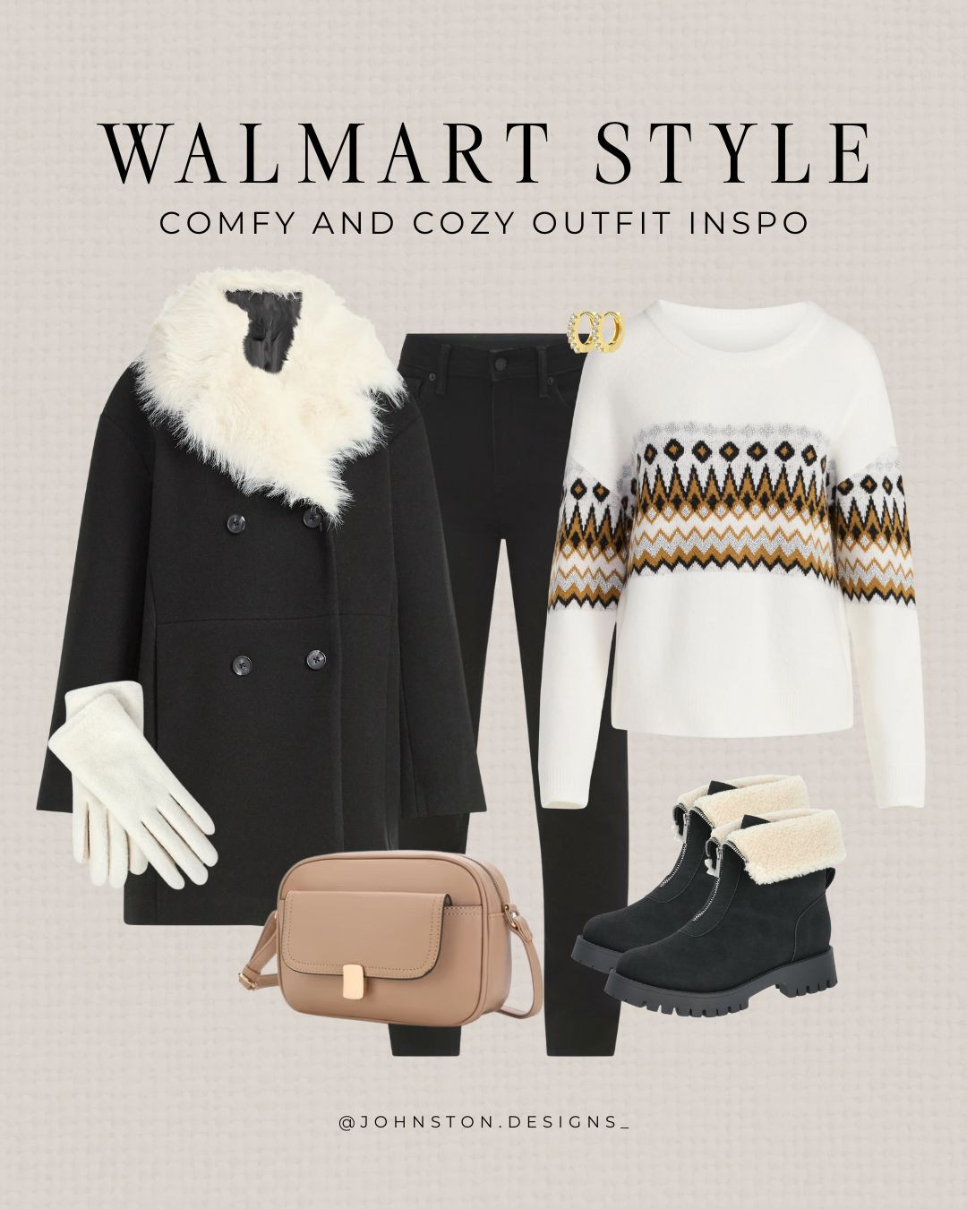 Affordable winter outfit inspo all from Walmart! Styled look, trending fair isle sweater, faux fur coat, black jeans, winter vacation outfit, winter style, neutral, Walmart fashion. 

 #LTKootd #LTKSeasonal #LTKFindsUnder50