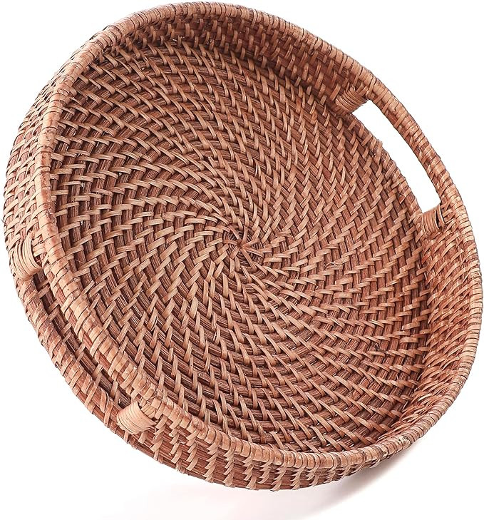 HITOMEN 11.8" Hand-Woven Round Rattan Serving Tray Decorative Wicker Trays with Handles for Coffe... | Amazon (US)